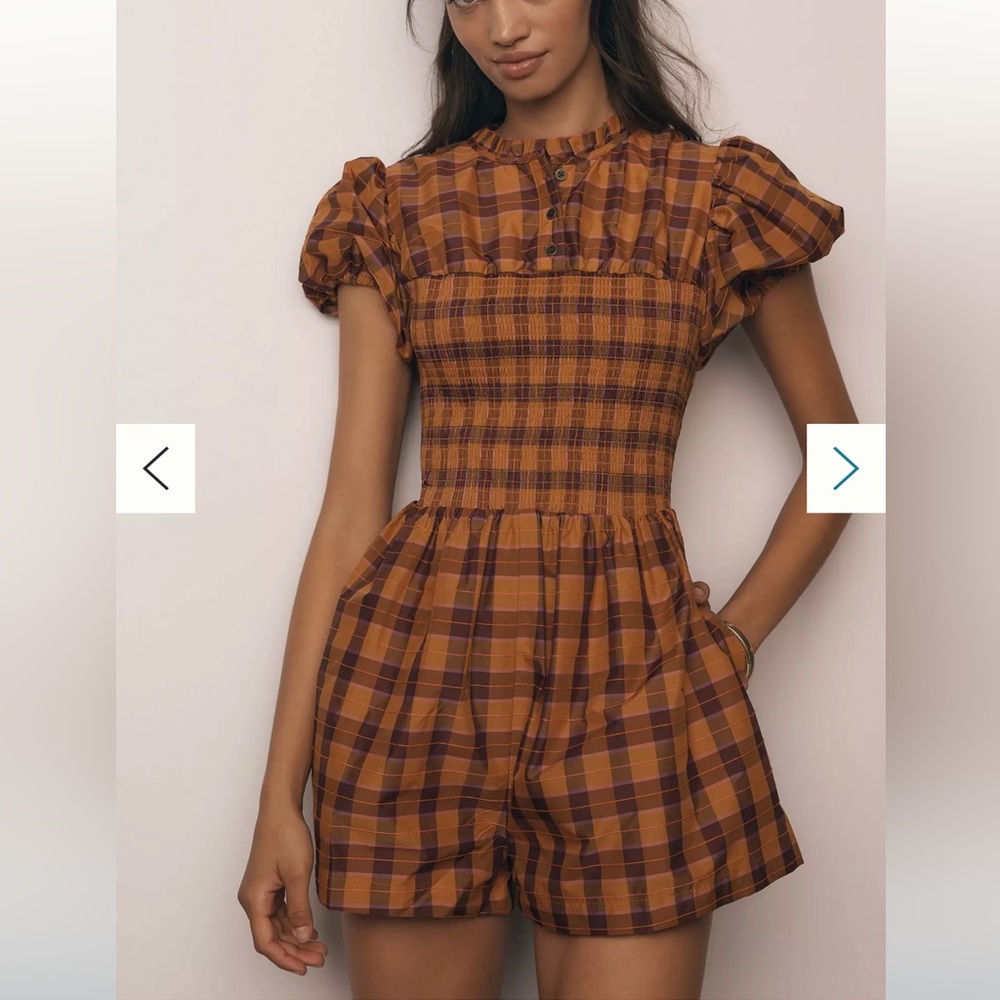 Maeve Orange and Brown Plaid Smocked Romper - Picture 3 of 6